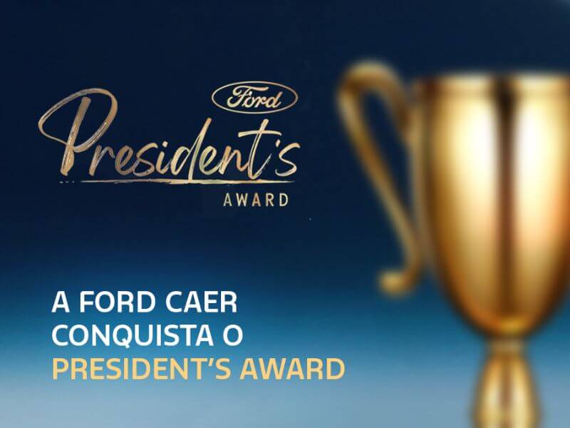 Ford Caer President's Award 2026 Troféu e dizeres dourados em fundo azul