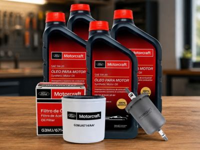 Conjunto de recipientes e peças da marca Motorcraft em cima de superfície Recipientes e peças Motorcraft sobre superfície
