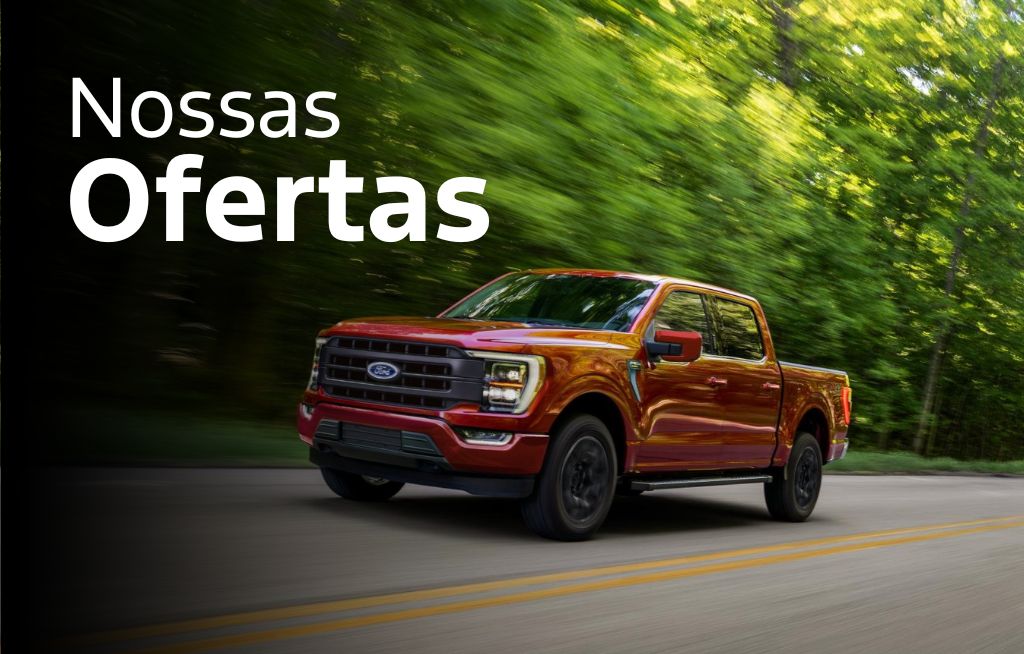 Ofertas Ford Gambatto Imagem com texto e uma Ford F-150 Lariat vermelha em movimento