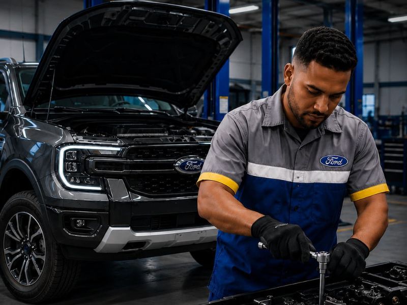 Mecânico Ford trabalhando em motor de veículo