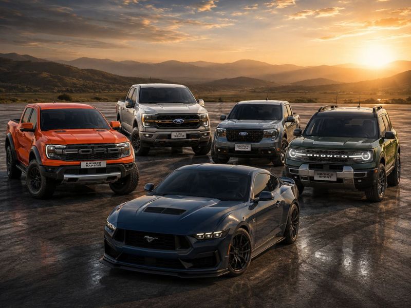 Picapes, SUV e carro de performance Ford estacionados
