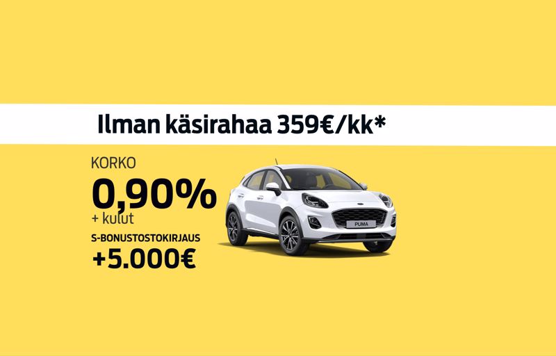 Ford Puma 0,90% korolla + kulut. 5000 € Bonusostokirjaus!