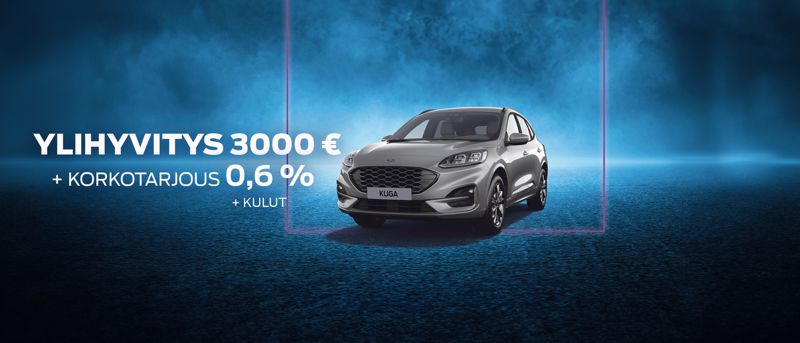 Erään Ford Kuga -malleja ylihyvitys 3000€ sekä korkotarjous 0,6% + kulut