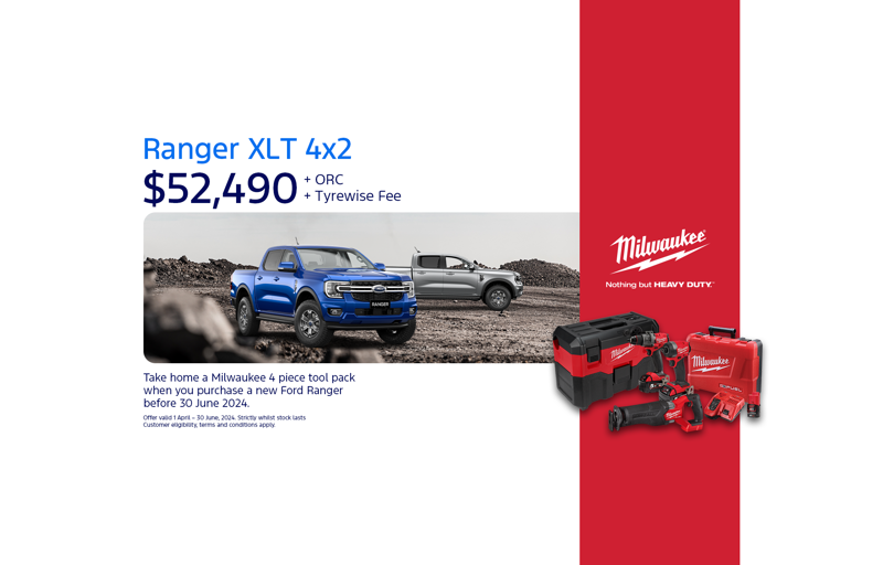 Take home a Milwaukee 4 Piece Tool Pack when you purchase a New Ford Ranger before 30 June 2024*